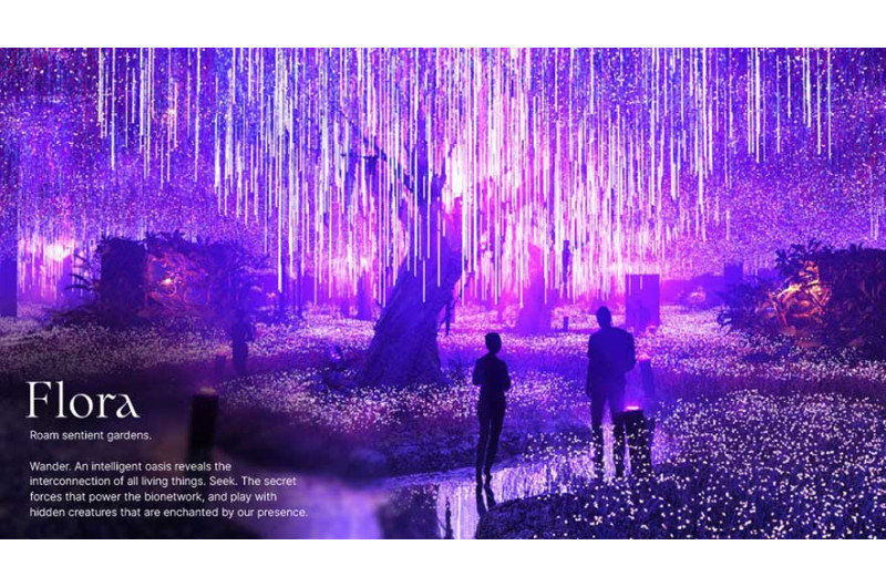 Menschen gehen durch einen bezaubernden, lila beleuchteten Garten mit hängenden Lichtern, umgeben von leuchtender Flora.